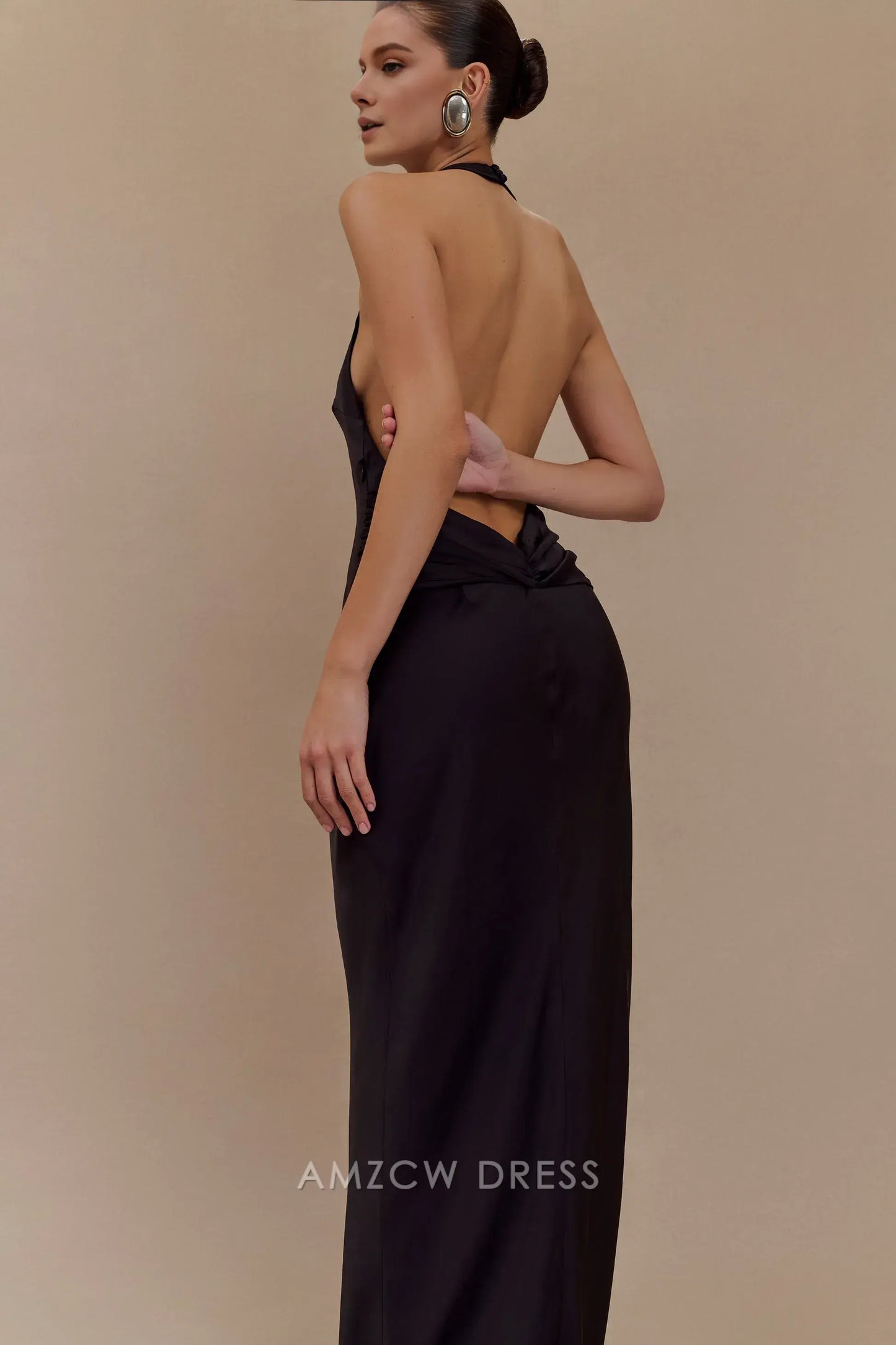 Amzcw Elegant prom clothes Satin Halter Maxi Dress - Black Floor Length formal hot sale for women