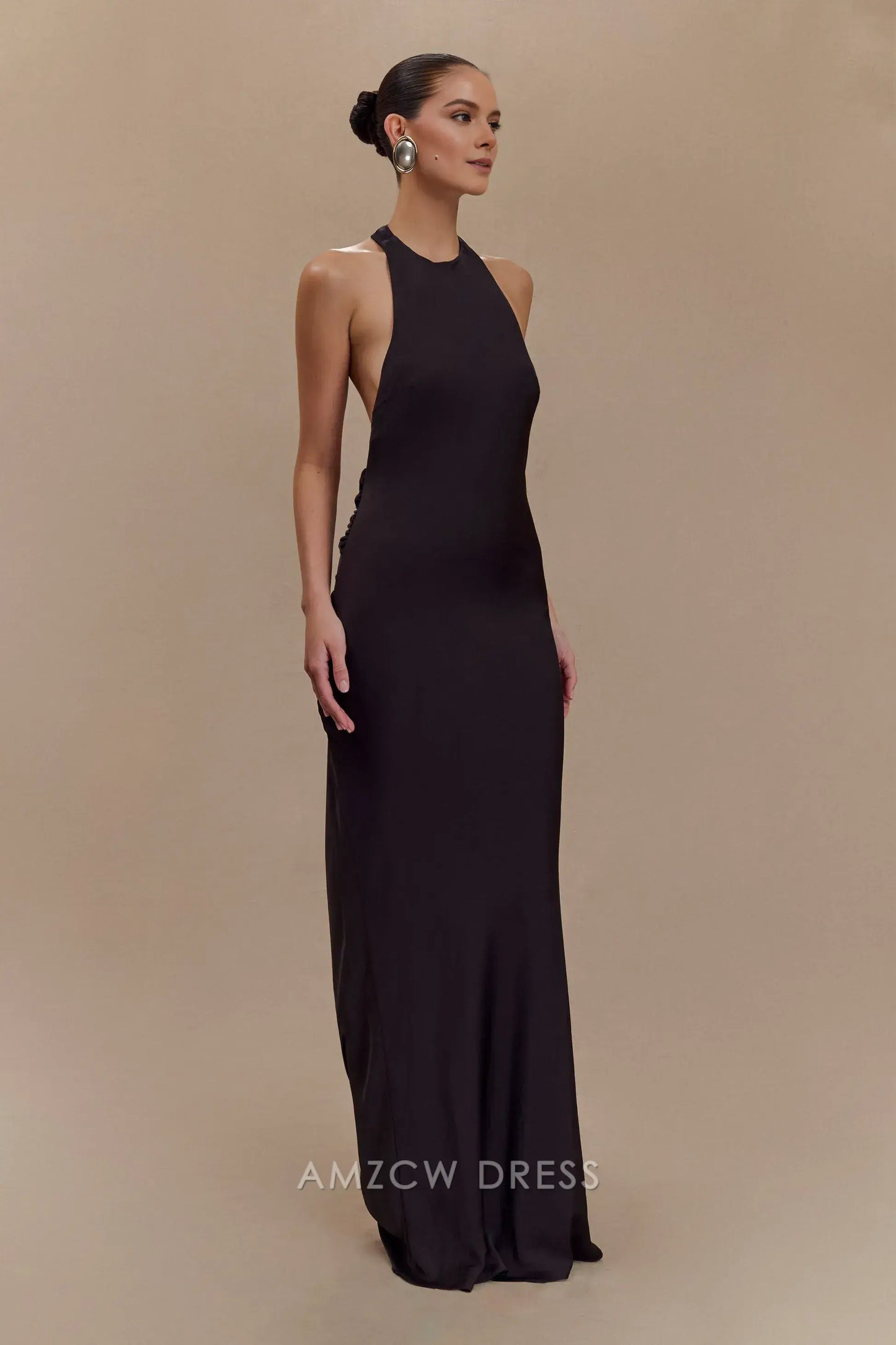 Amzcw Elegant prom clothes Satin Halter Maxi Dress - Black Floor Length formal hot sale for women