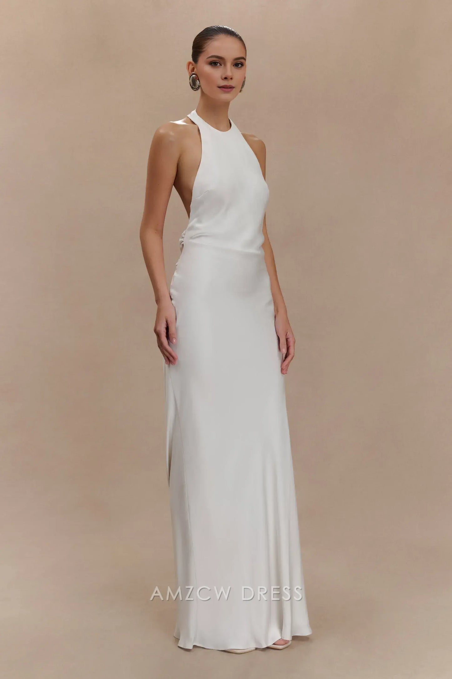Amzcw Elegant prom clothes Satin Halter Maxi Dress - Ivory Floor Length formal hot sale for women