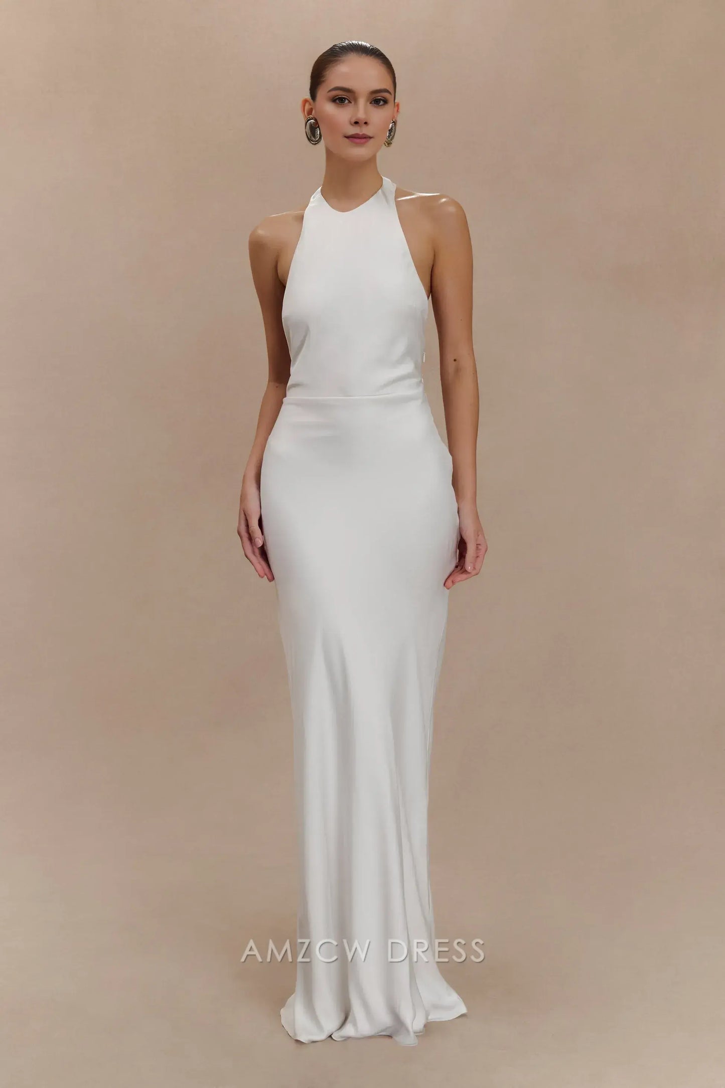 Amzcw Elegant prom clothes Satin Halter Maxi Dress - Ivory Floor Length formal hot sale for women