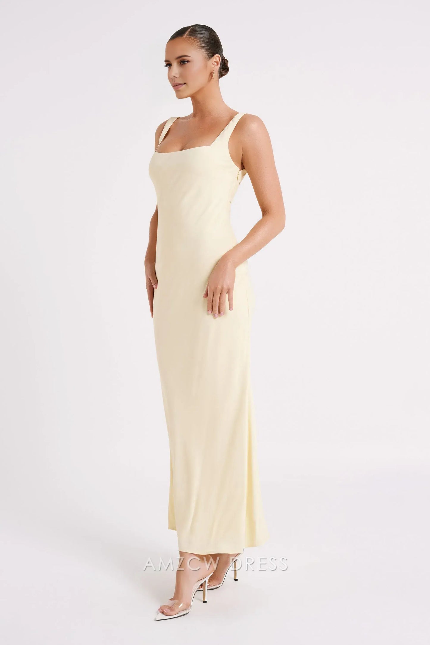 Amzcw Elegant prom clothes Satin Maxi Dress - Light Yellow Floor Length formal hot sale for women