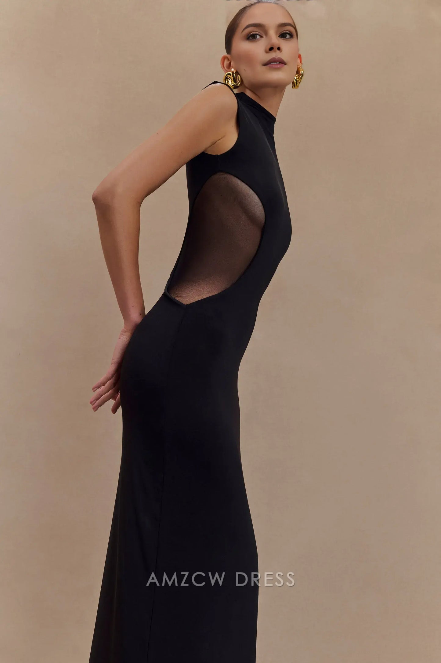 Amzcw Elegant prom clothes Slinky And Mesh Maxi Dress - Black Floor Length formal hot sale for women