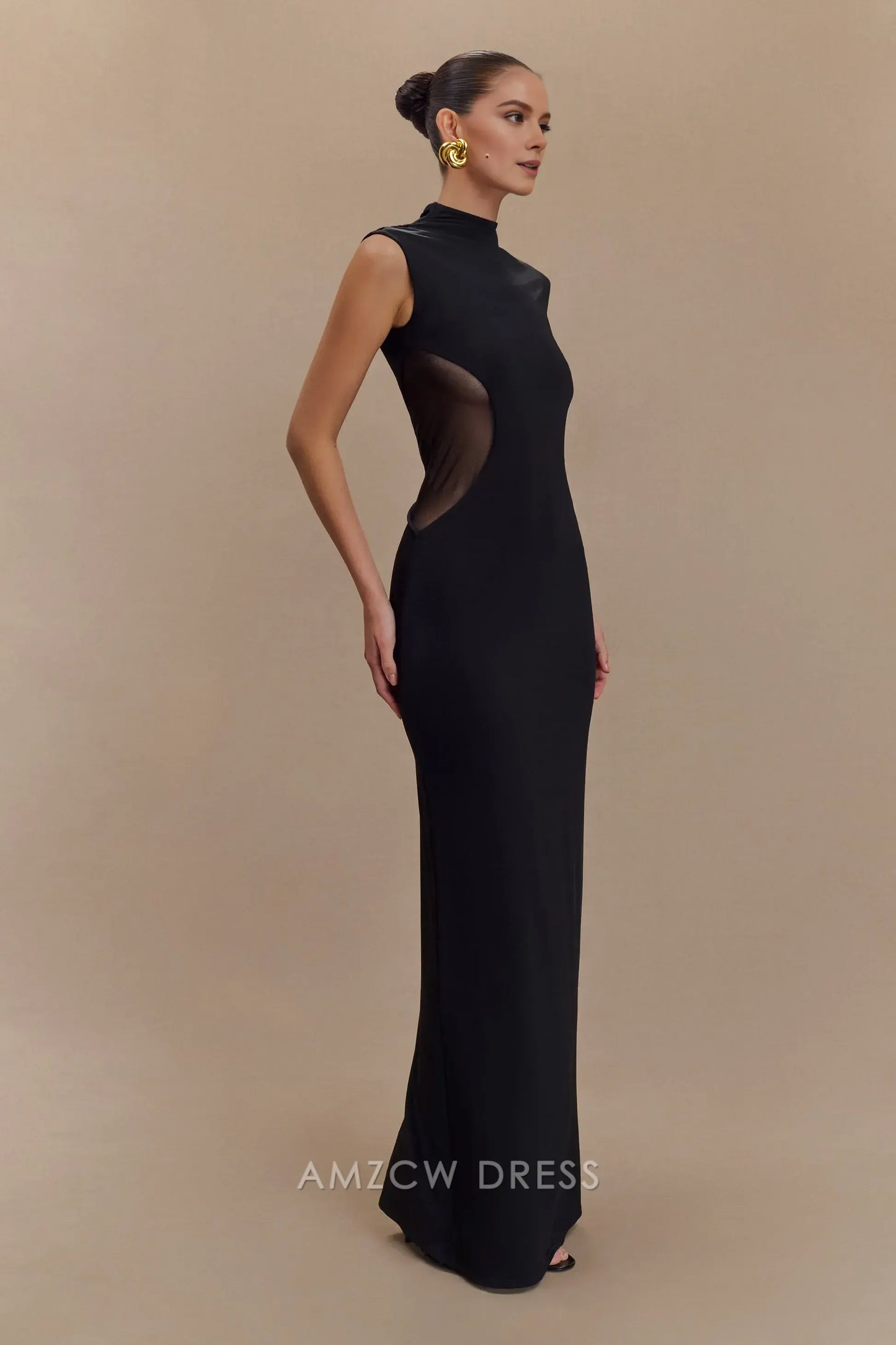 Amzcw Elegant prom clothes Slinky And Mesh Maxi Dress - Black Floor Length formal hot sale for women