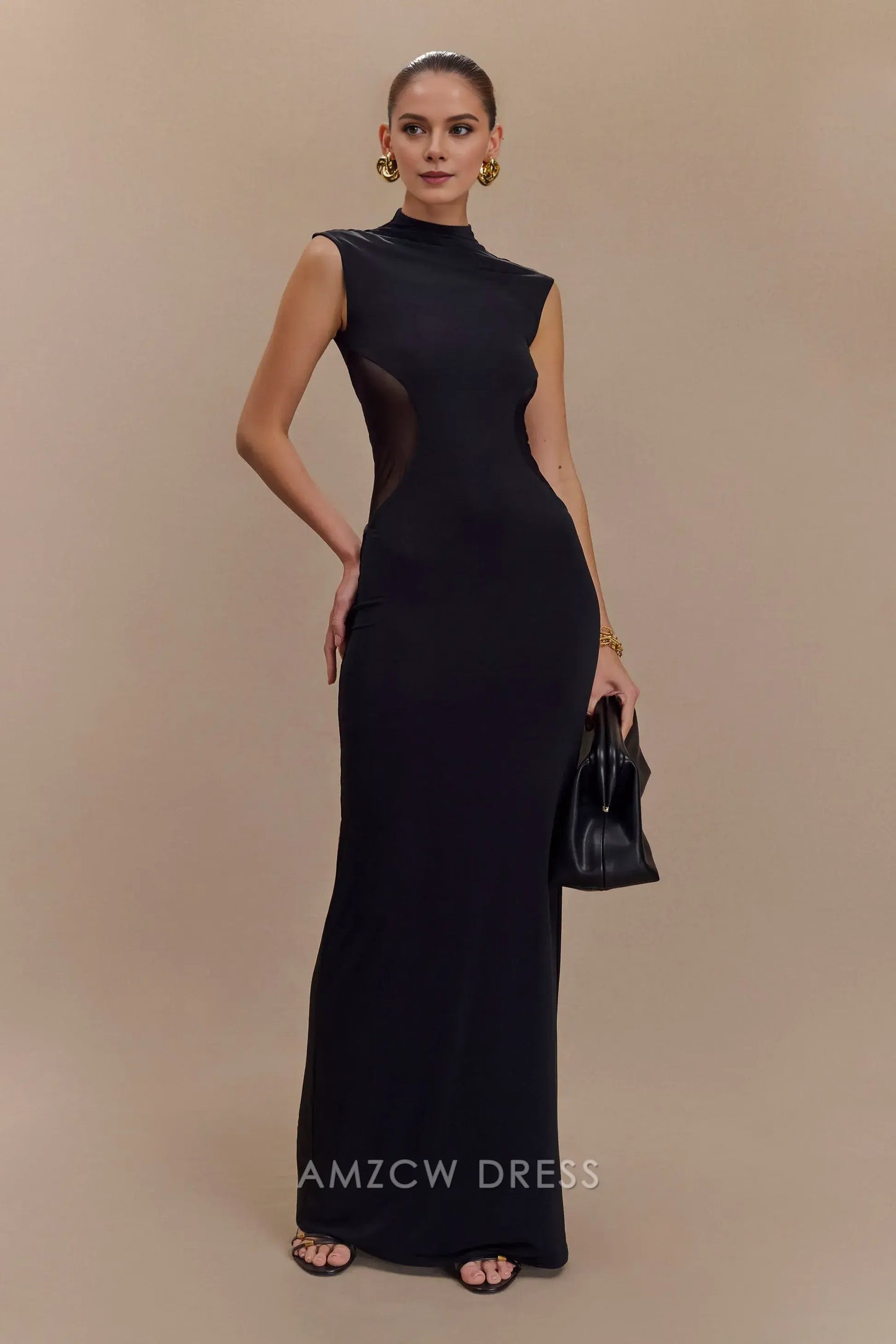 Amzcw Elegant prom clothes Slinky And Mesh Maxi Dress - Black Floor Length formal hot sale for women
