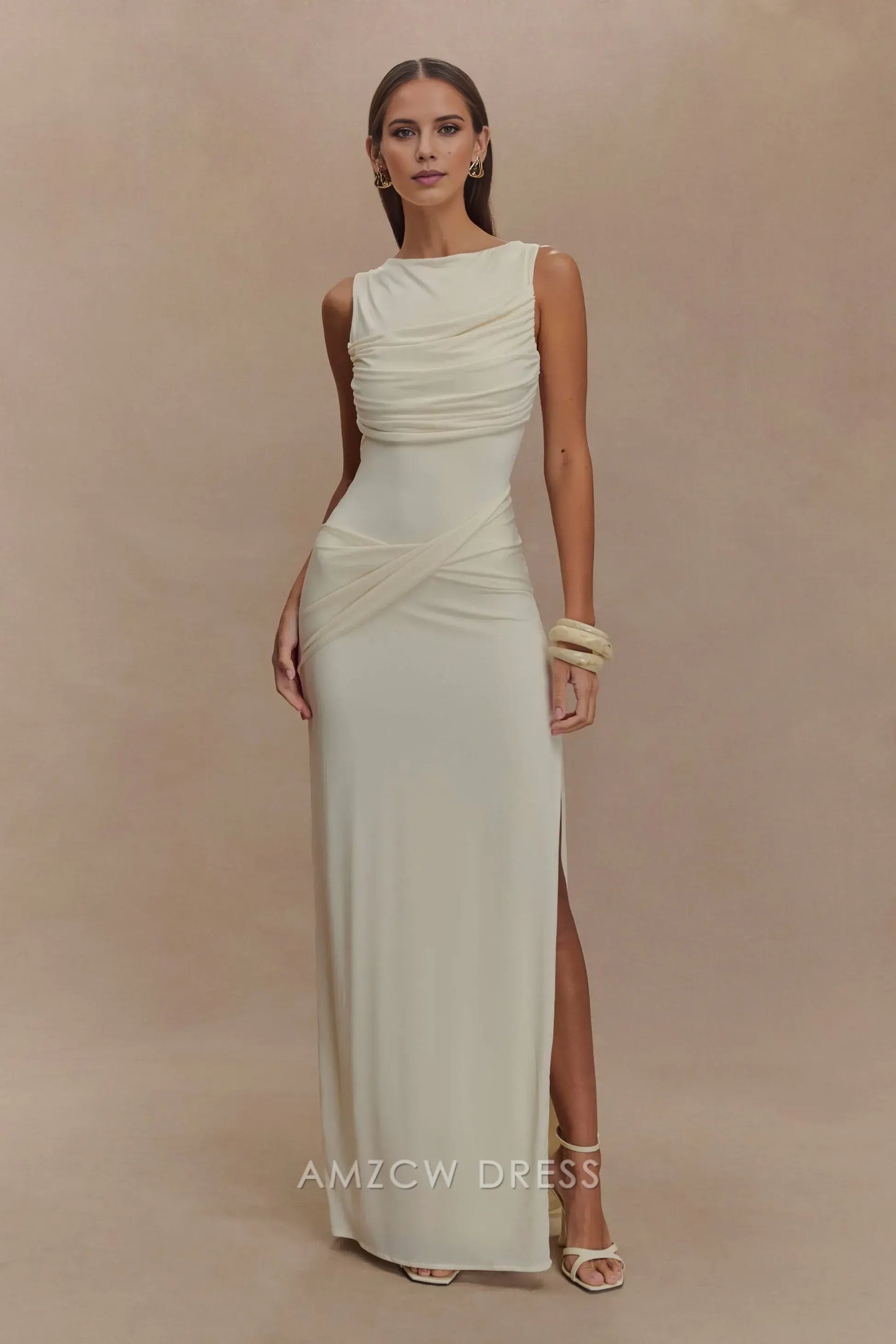 Amzcw Elegant prom clothes Slinky Drape Maxi Dress - Ivory Floor Length with slit formal hot sale for women