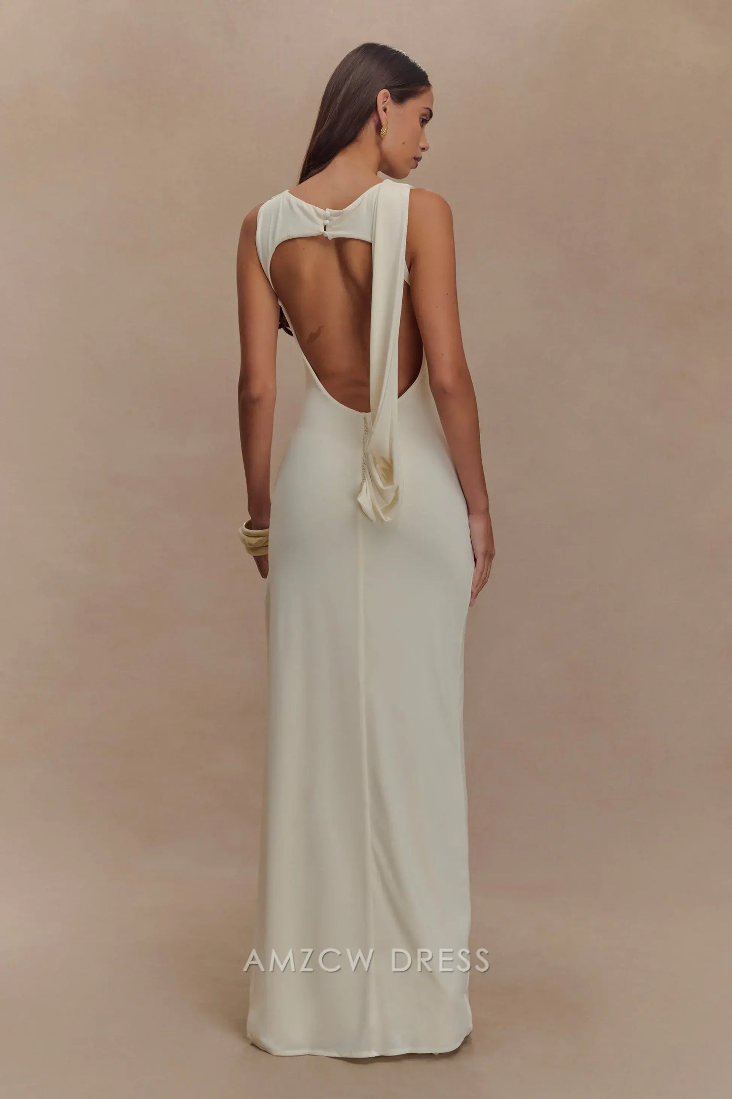 Amzcw Elegant prom clothes Slinky Drape Maxi Dress - Ivory Floor Length with slit formal hot sale for women