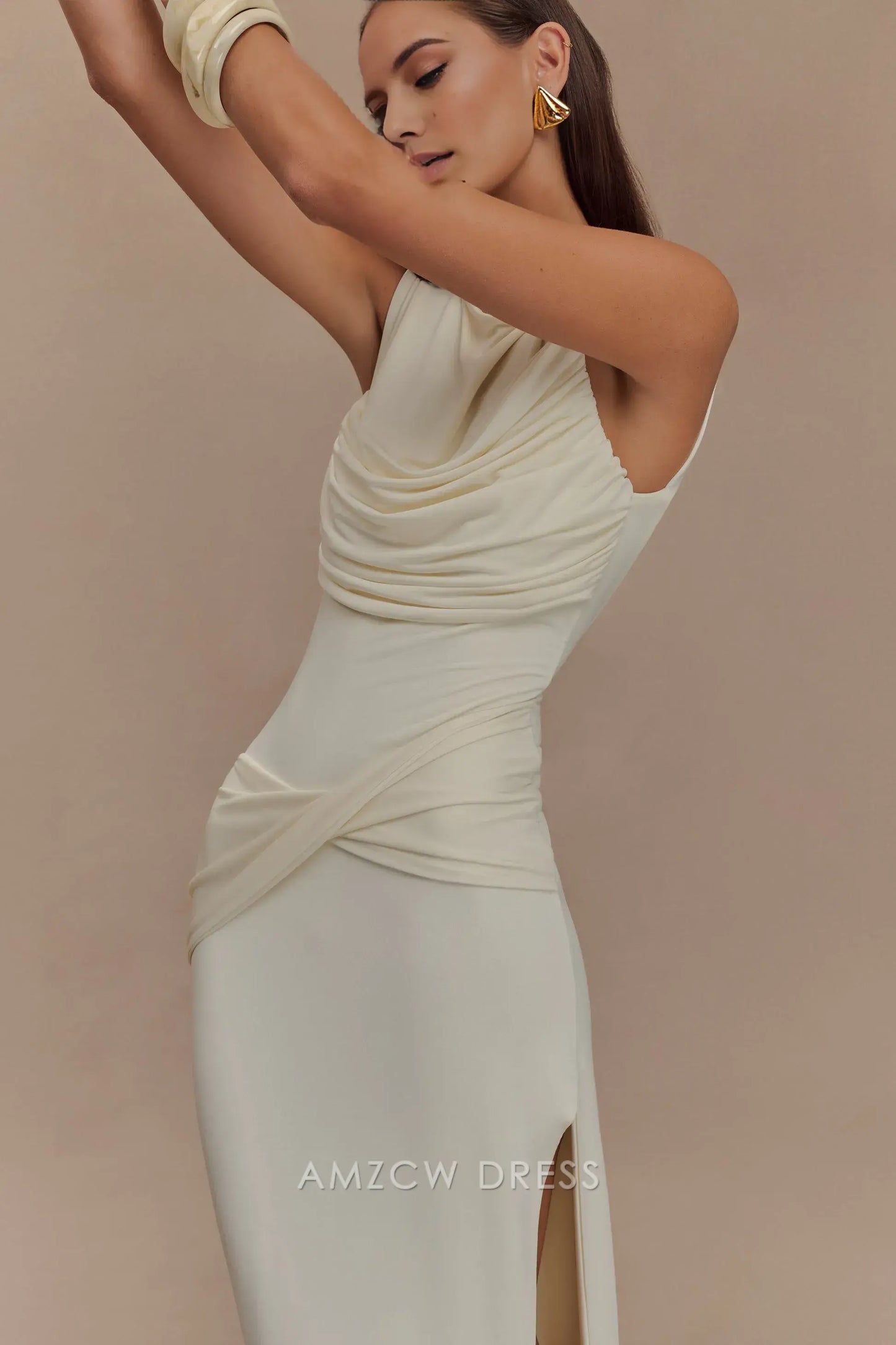 Amzcw Elegant prom clothes Slinky Drape Maxi Dress - Ivory Floor Length with slit formal hot sale for women
