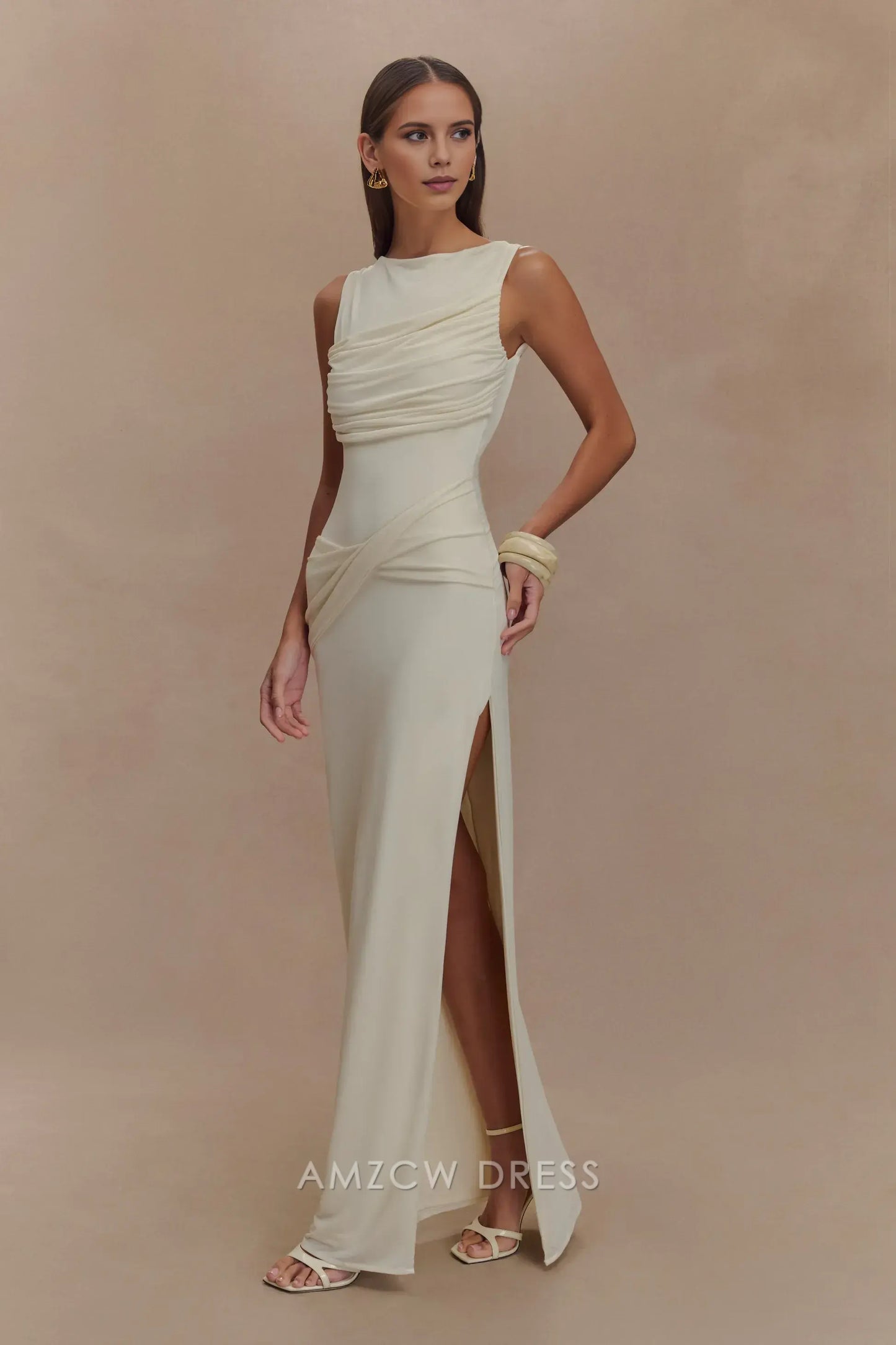 Amzcw Elegant prom clothes Slinky Drape Maxi Dress - Ivory Floor Length with slit formal hot sale for women