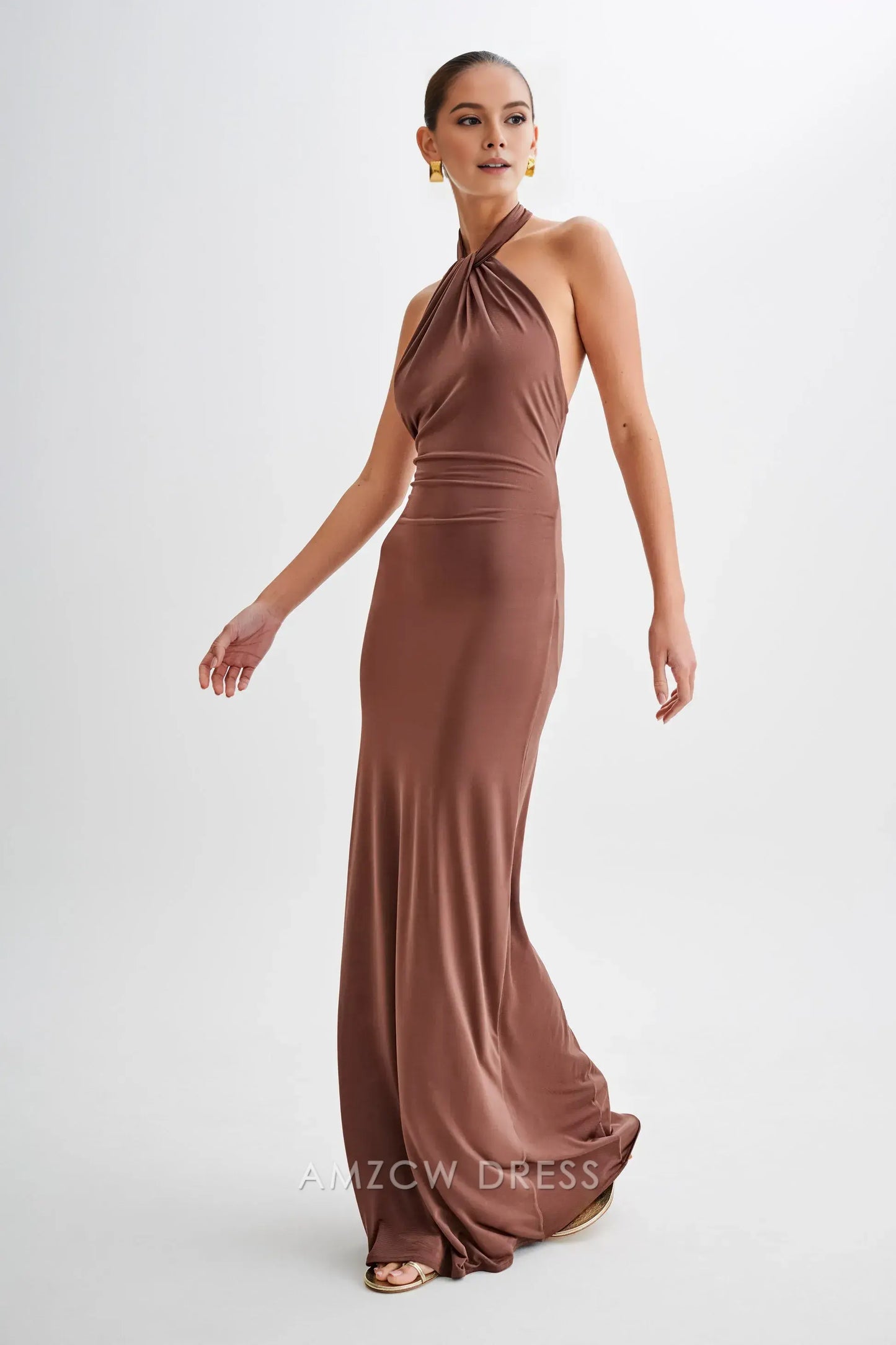 Amzcw Elegant prom clothes Slinky Halter Maxi Dress - Chocolate Floor Length formal hot sale for women