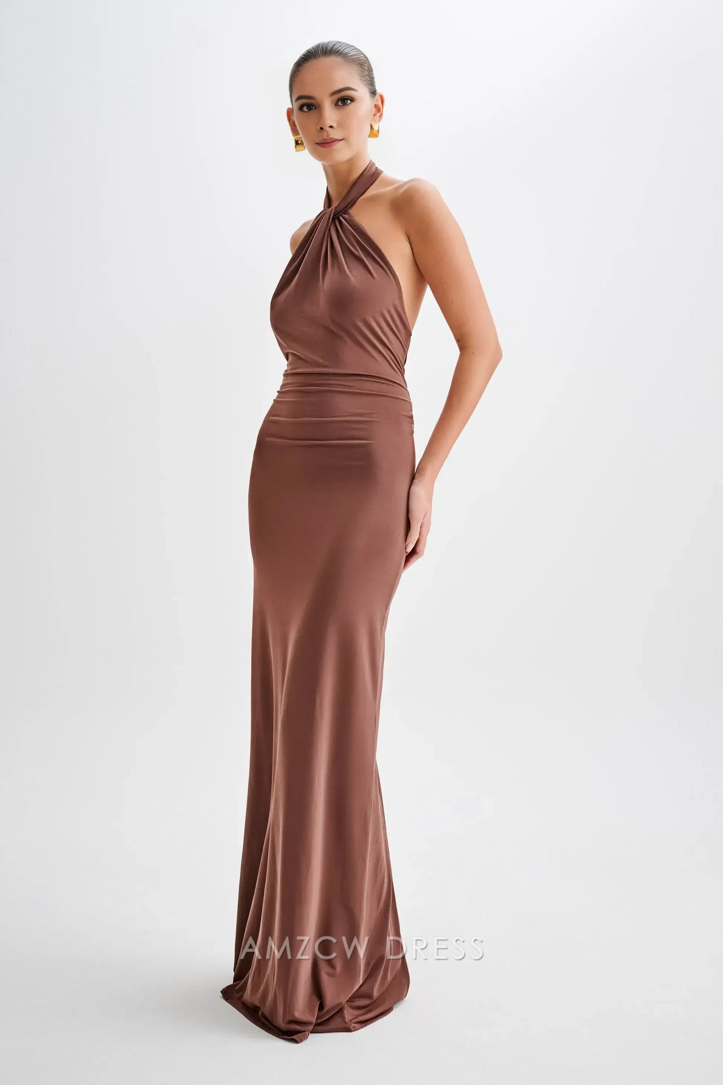 Amzcw Elegant prom clothes Slinky Halter Maxi Dress - Chocolate Floor Length formal hot sale for women
