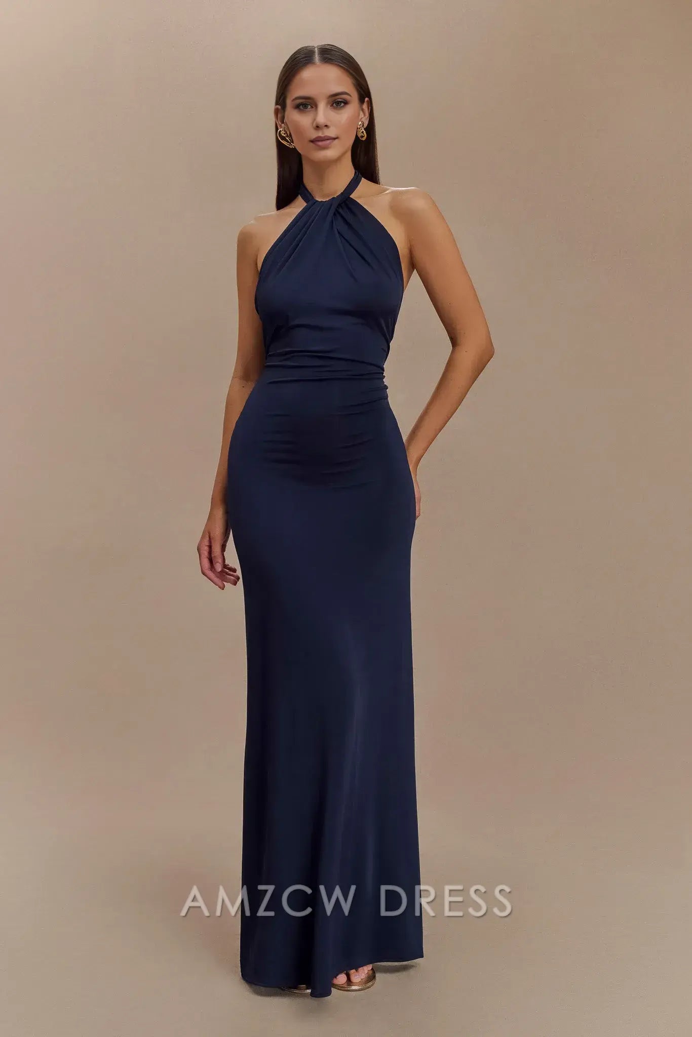 Vestido largo elegante Amzcw con cuello halter y escote halter, largo hasta el suelo, color azul marino, ideal para mujer.