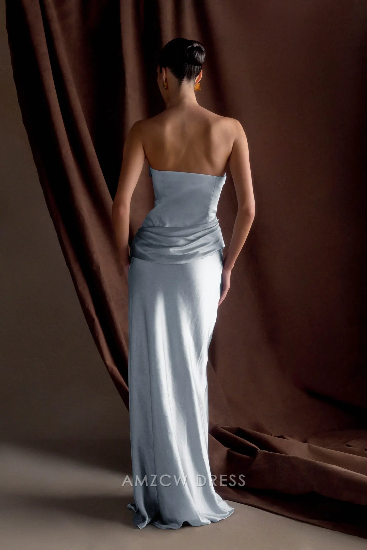 Amzcw Elegant prom clothes Strapless Satin Maxi Dress - Frosted Blue Floor Length formal hot sale for women