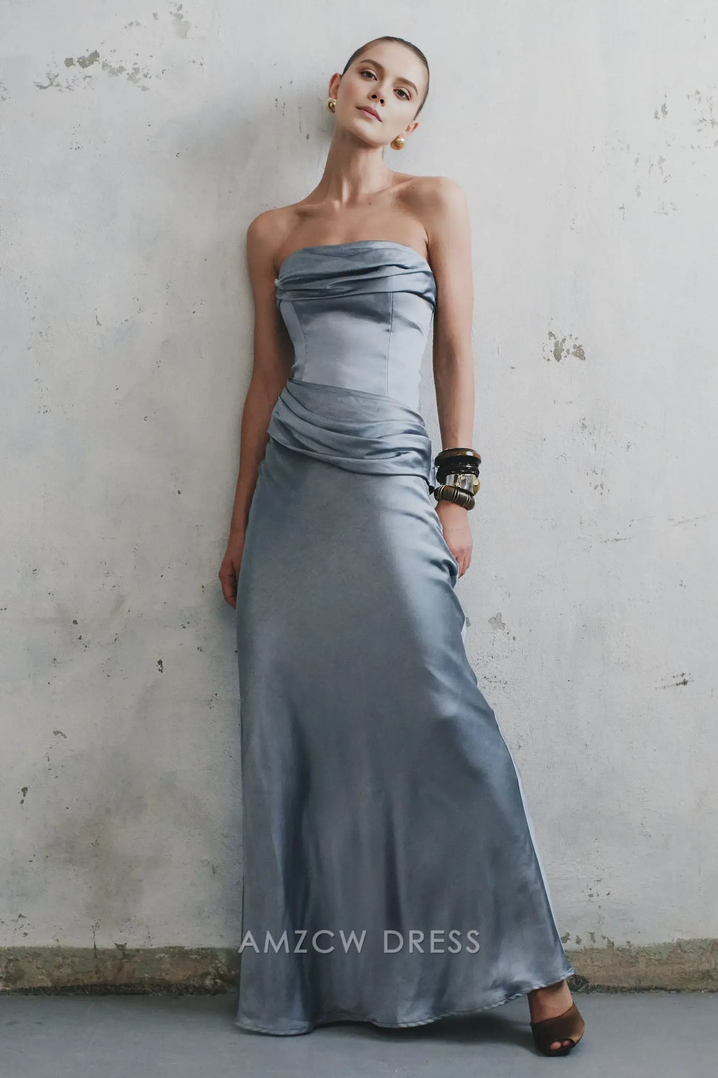 Amzcw Elegant prom clothes Strapless Satin Maxi Dress - Frosted Blue Floor Length formal hot sale for women