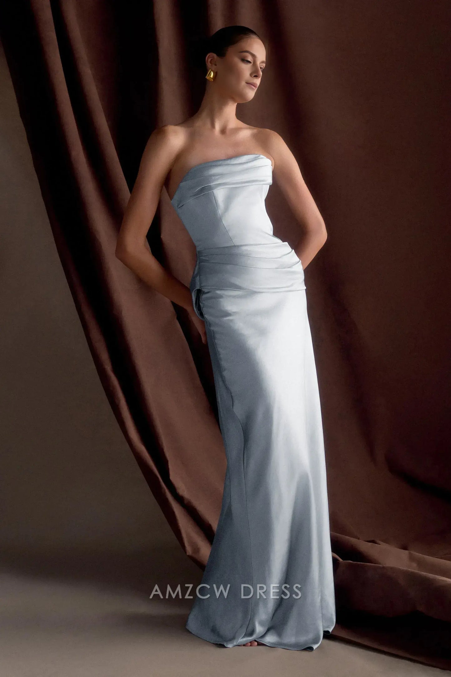 Amzcw Elegant prom clothes Strapless Satin Maxi Dress - Frosted Blue Floor Length formal hot sale for women