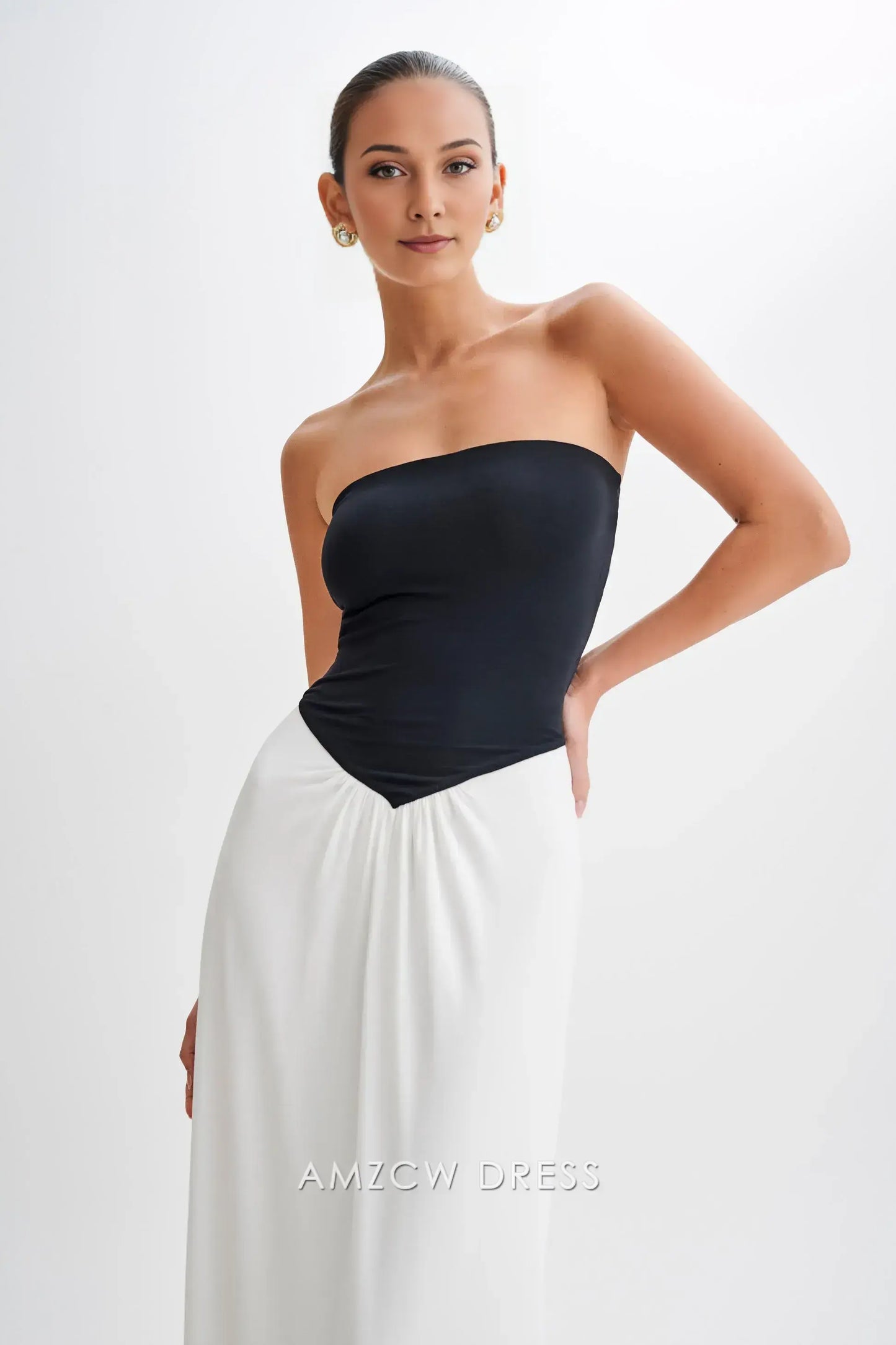 Amzcw Elegant prom clothes Strapless Slinky Maxi Dress - Black/White Floor Length formal hot sale for women