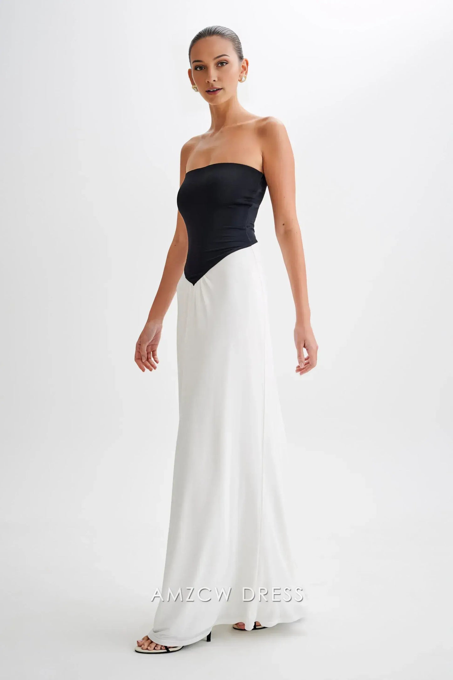 Amzcw Elegant prom clothes Strapless Slinky Maxi Dress - Black/White Floor Length formal hot sale for women