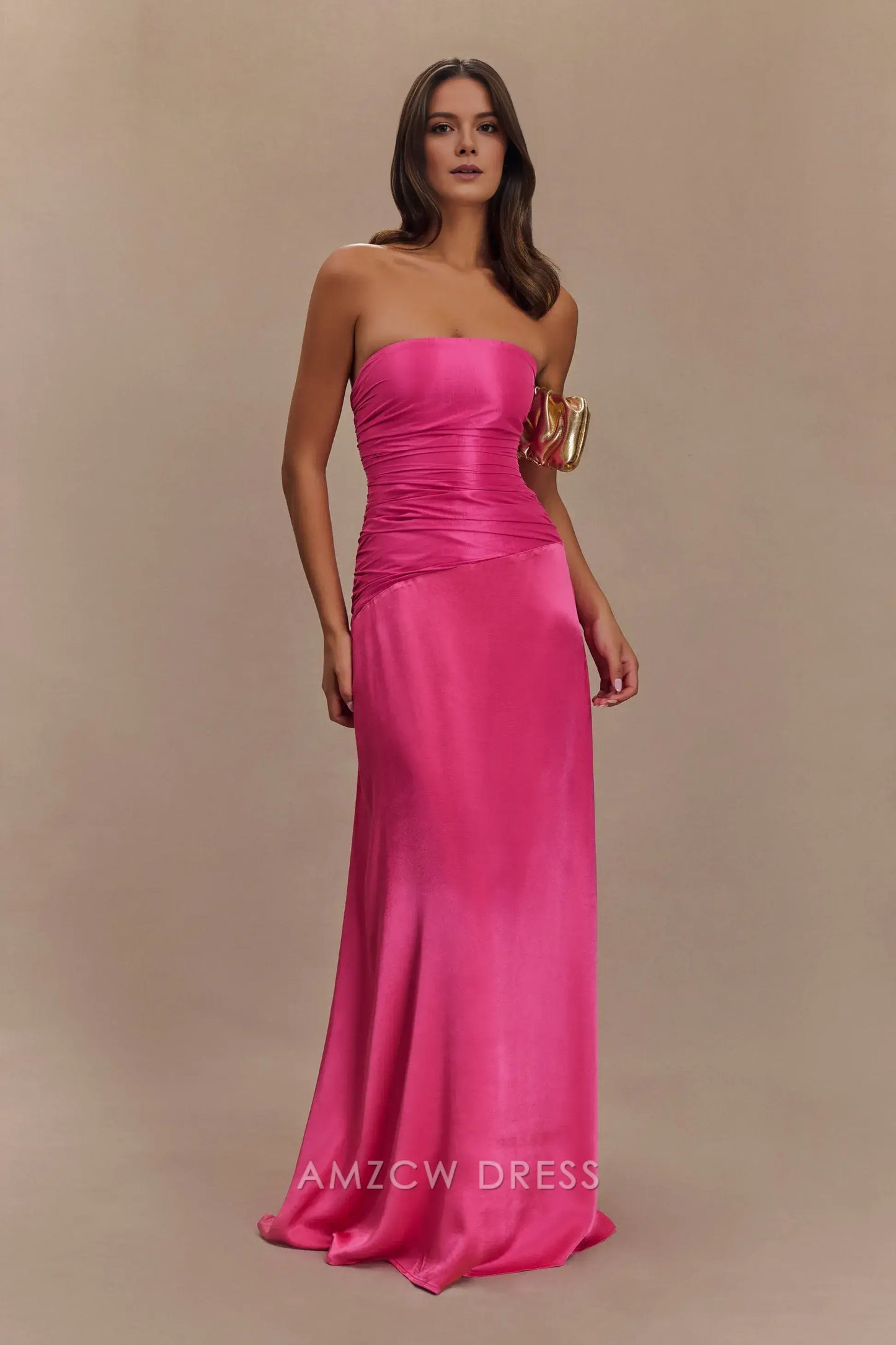 Amzcw Elegant prom clothes Strapless Taffeta Maxi Dress - Crimson Pink Floor Length formal hot sale for women