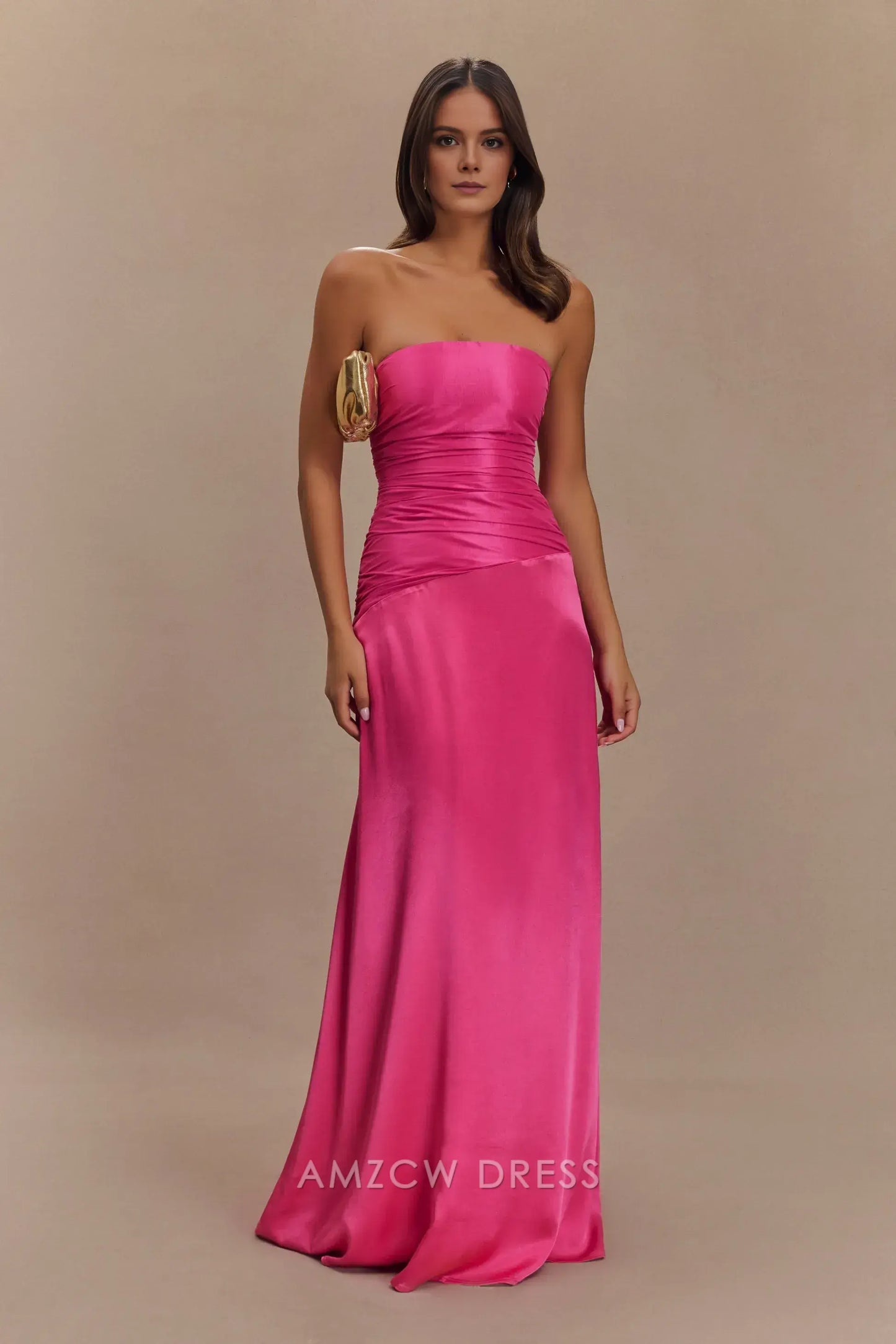 Amzcw Elegant prom clothes Strapless Taffeta Maxi Dress - Crimson Pink Floor Length formal hot sale for women