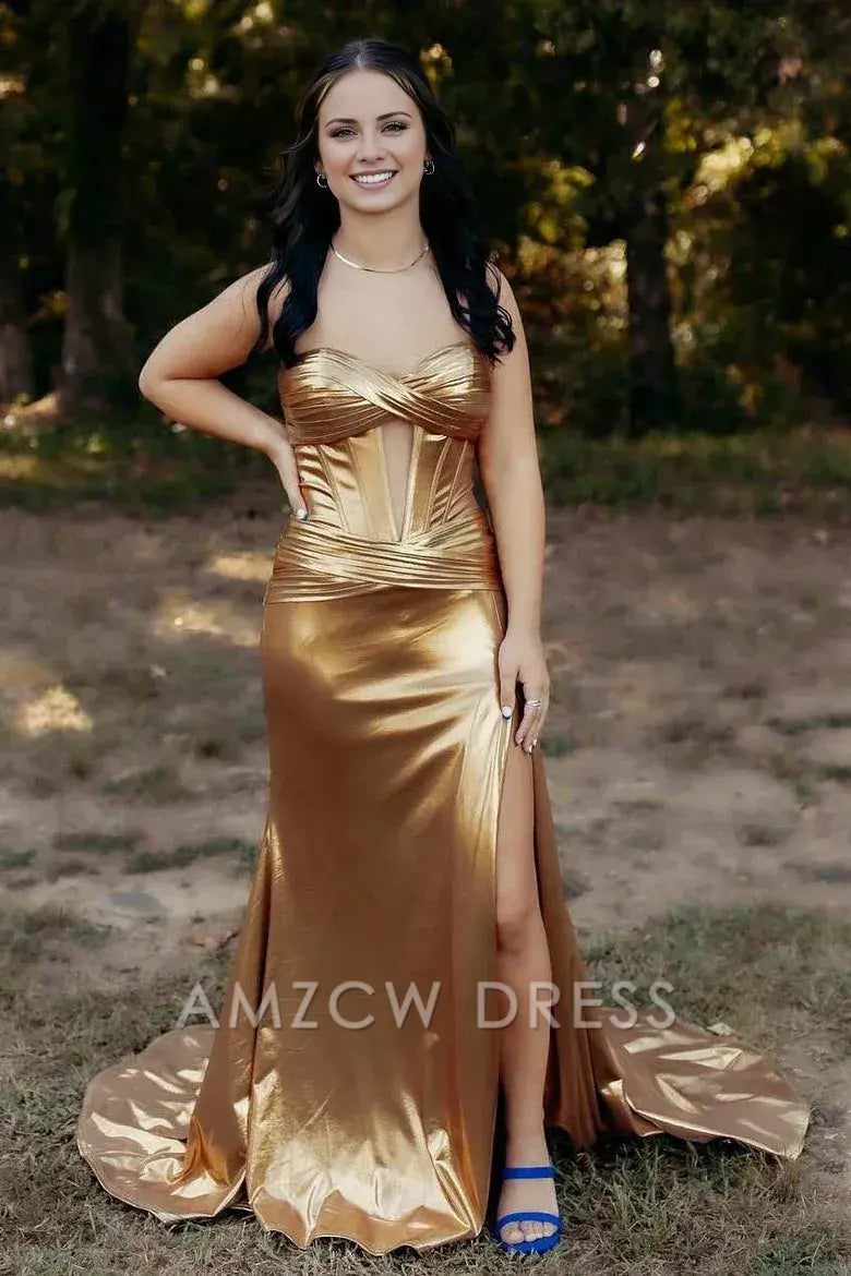 Amzcw Gold Strapless Mermaid Metallic Sleeveless Keyhole Side Slit Long Prom Dress formal wear dresses