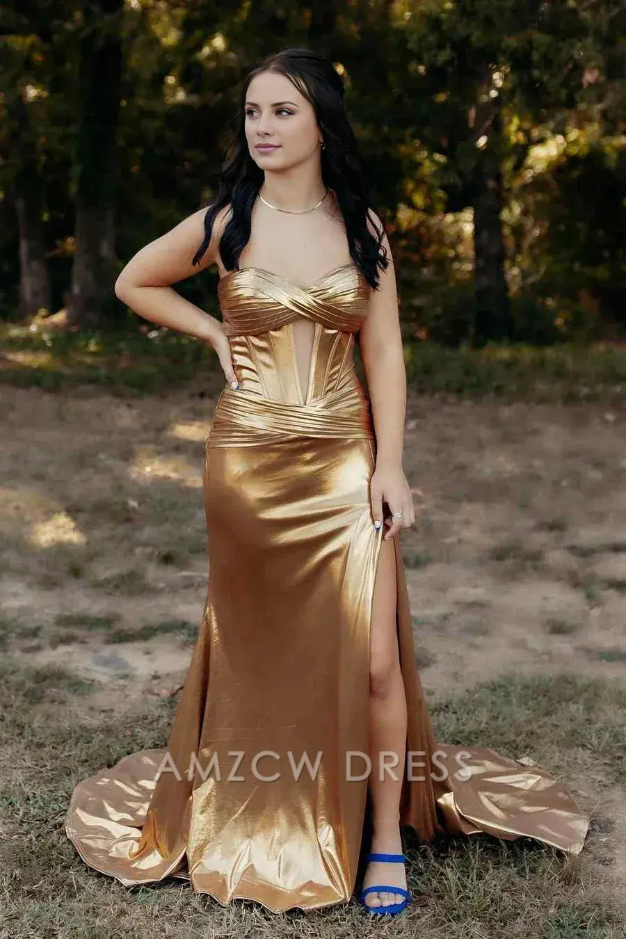 Amzcw Gold Strapless Mermaid Metallic Sleeveless Keyhole Side Slit Long Prom Dress formal wear dresses