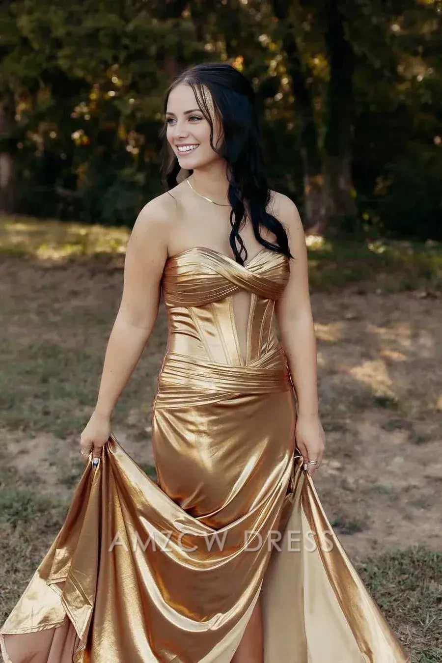 Amzcw Gold Strapless Mermaid Metallic Sleeveless Keyhole Side Slit Long Prom Dress formal wear dresses