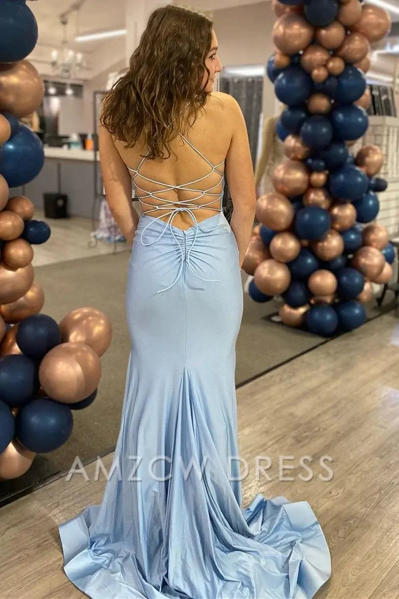 Amzcw Light Blue V-Neck Lace-Up Back Trumpet Long Formal Dress formal wear dresses
