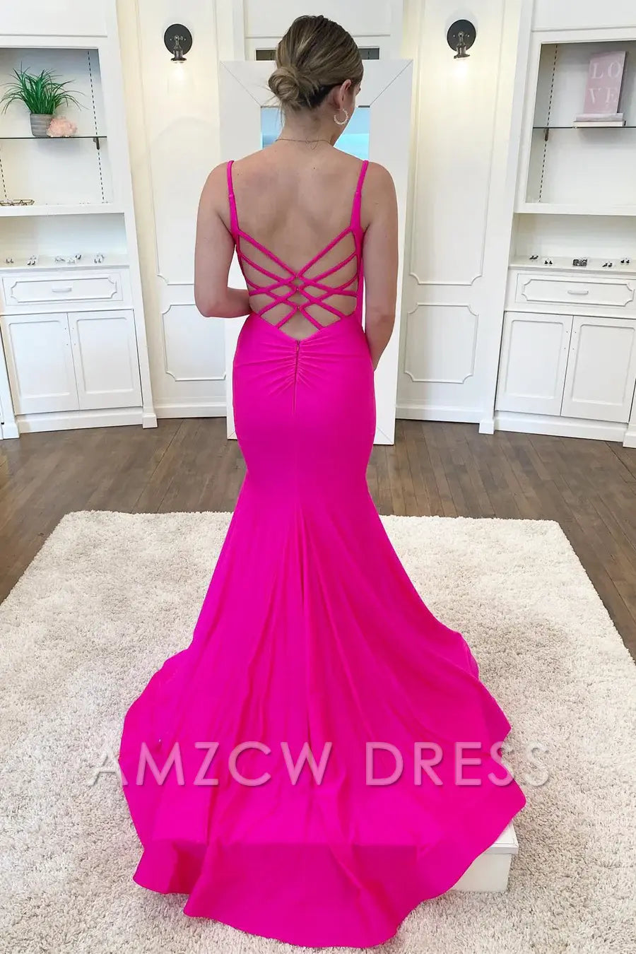 Amzcw Neon Pink V-Neck Backless Trumpet Long Formal Dress formal wear dresses