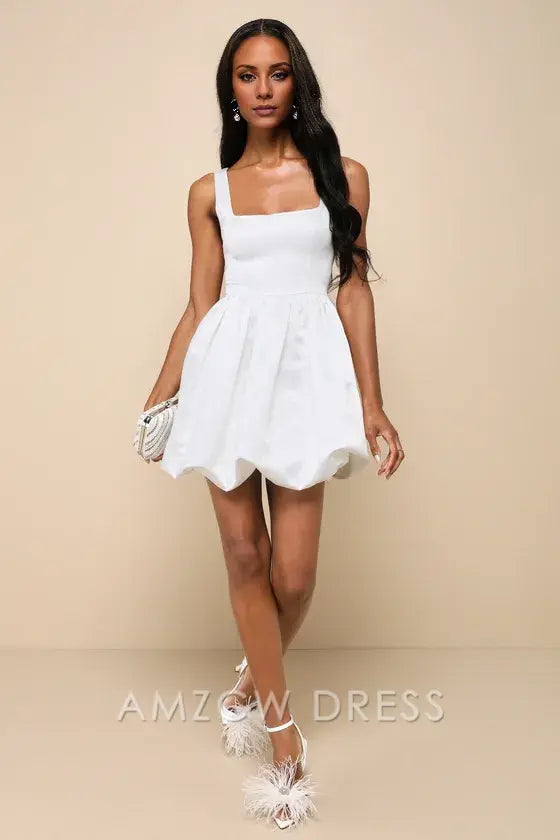 Amzcw Regal Cutie White Satin Square Neck Bubble-Hem Mini Dress formal wear dresses