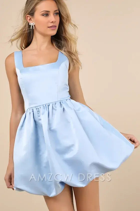 Amzcw Regal Cutie White Satin Square Neck Bubble-Hem Mini Dress formal wear dresses