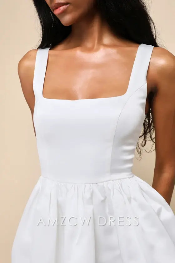 Amzcw Regal Cutie White Satin Square Neck Bubble-Hem Mini Dress formal wear dresses