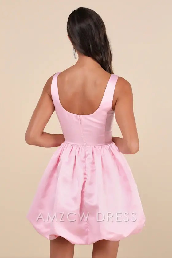 Amzcw Regal Cutie White Satin Square Neck Bubble-Hem Mini Dress formal wear dresses