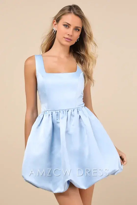 Amzcw Regal Cutie White Satin Square Neck Bubble-Hem Mini Dress formal wear dresses