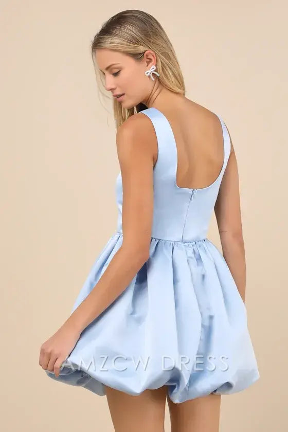 Amzcw Regal Cutie White Satin Square Neck Bubble-Hem Mini Dress formal wear dresses