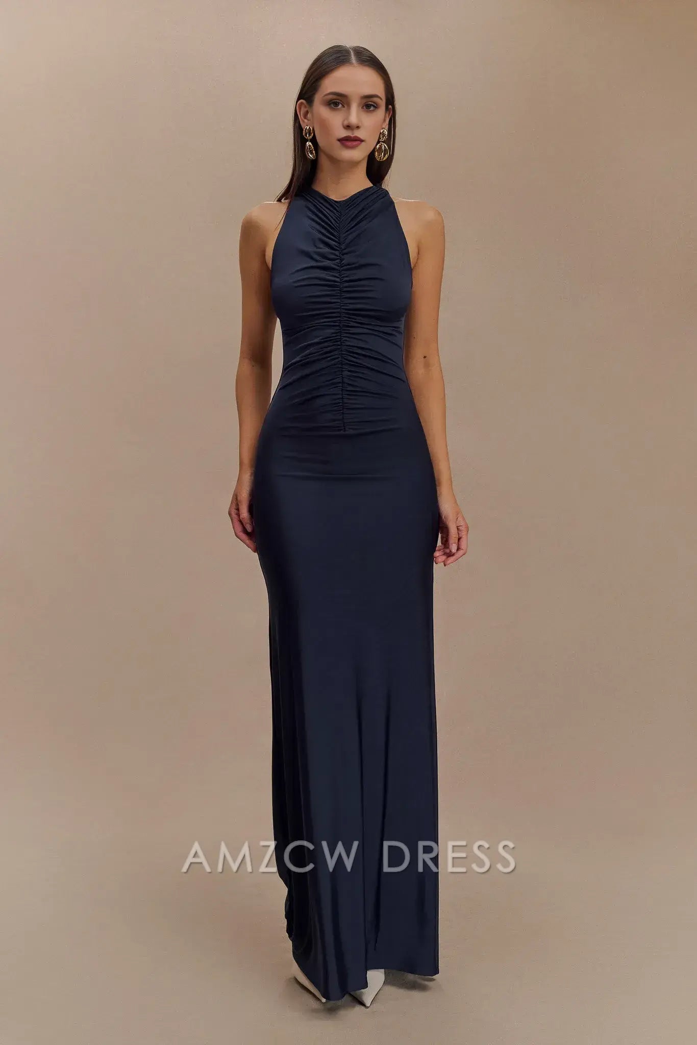 Artistic Sheath/Column High Neck Sleeveless Side Zip Floor-Length prom dress