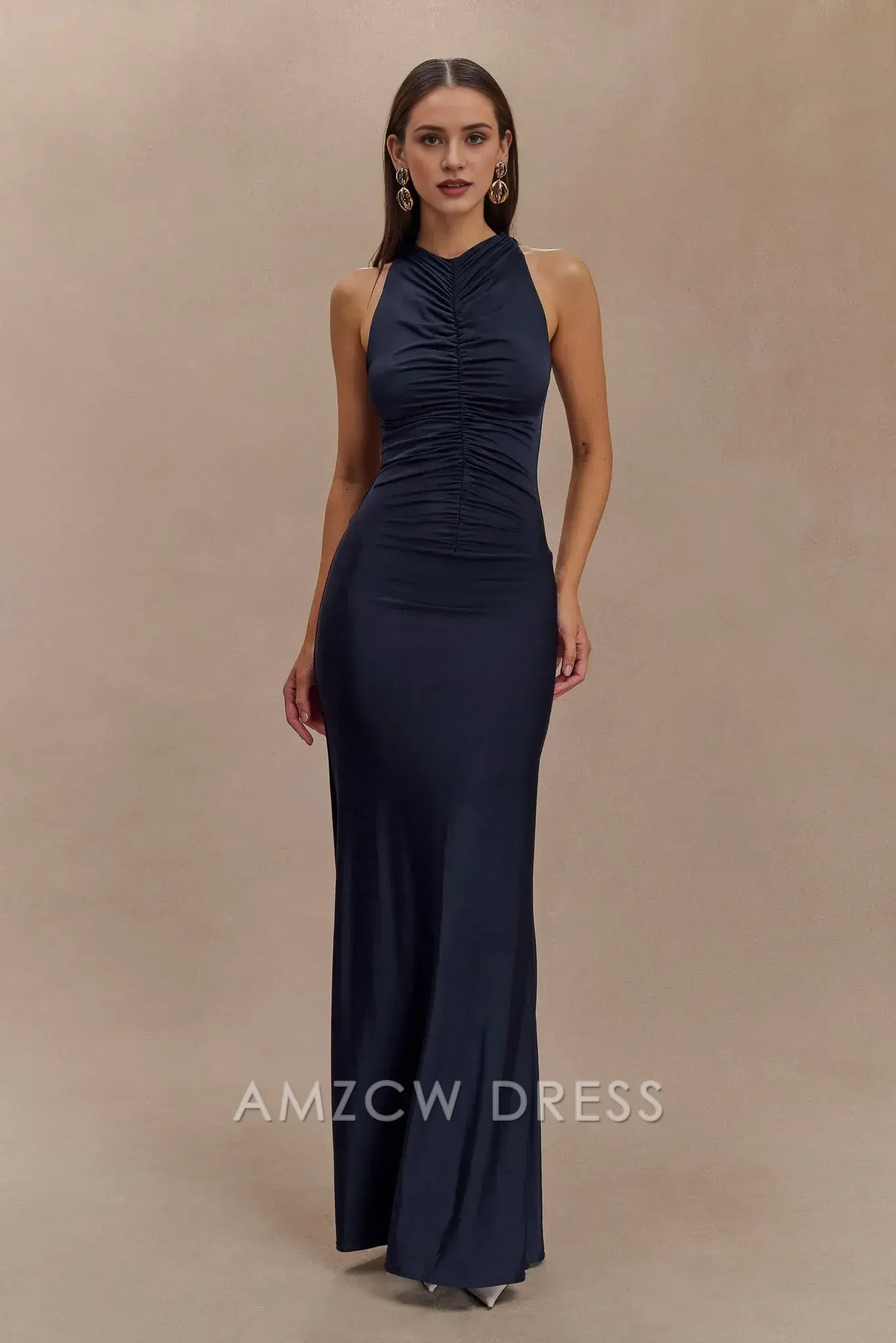 Artistic Sheath/Column High Neck Sleeveless Side Zip Floor-Length prom dress
