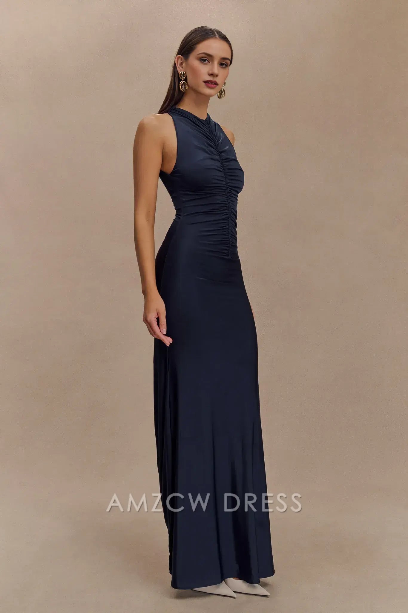 Artistic Sheath/Column High Neck Sleeveless Side Zip Floor-Length prom dress