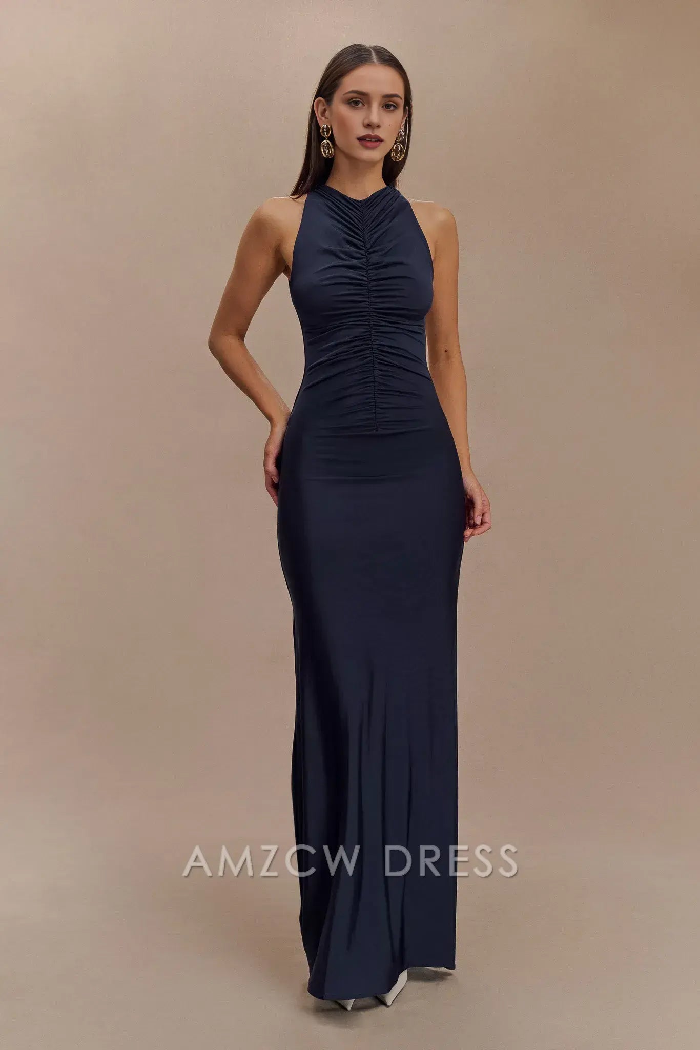 Artistic Sheath/Column High Neck Sleeveless Side Zip Floor-Length prom dress
