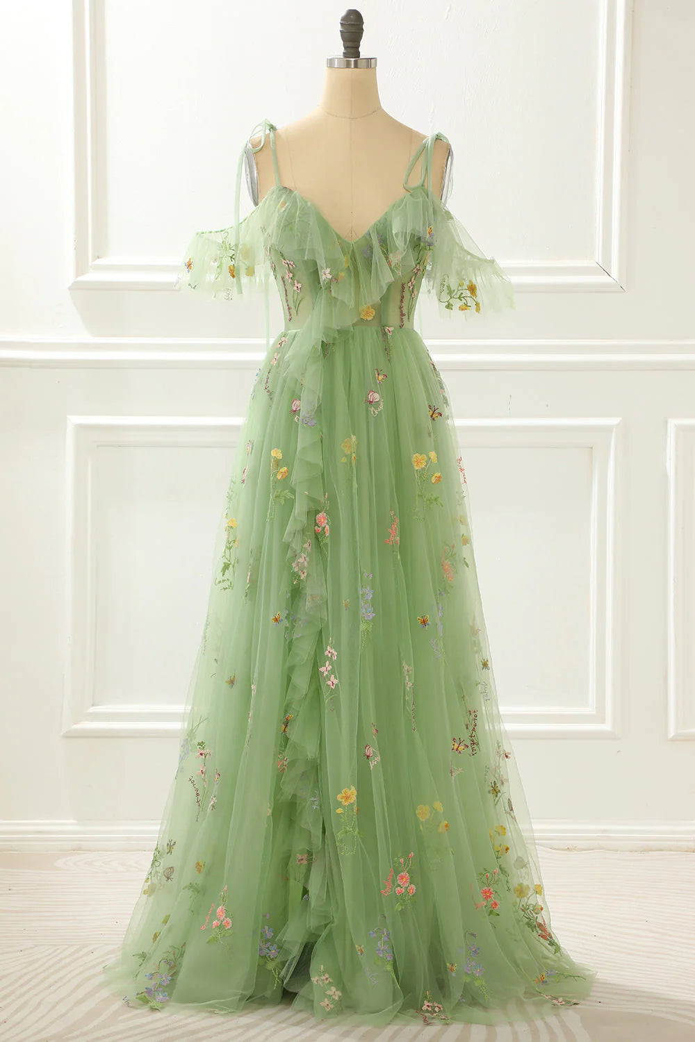 Vestidos de noche de graduación con tirantes finos, escote en V y espalda abierta