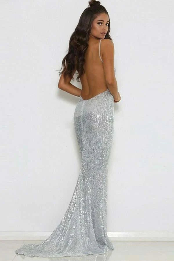 Vestidos de fiesta de sirena con escote en V, lentejuelas plateadas, tirantes finos y cola corta