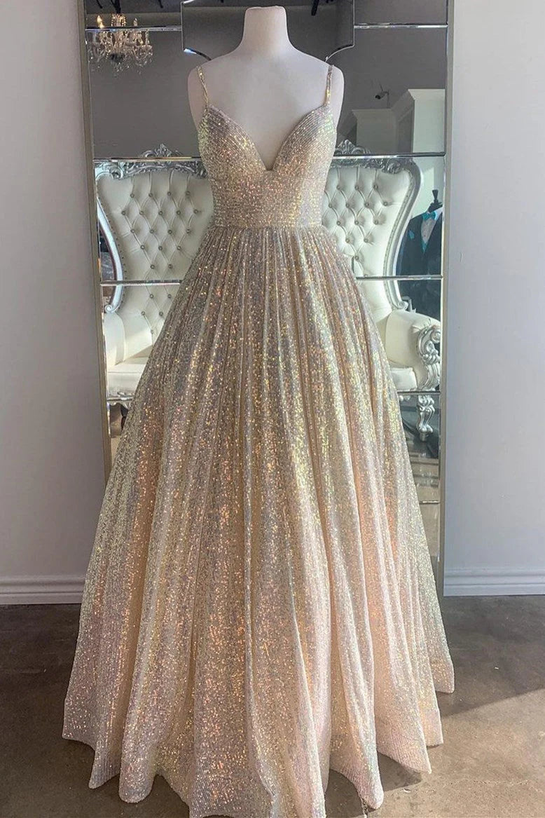 Vestido de fiesta largo con lentejuelas azul claro y escote en V para noche