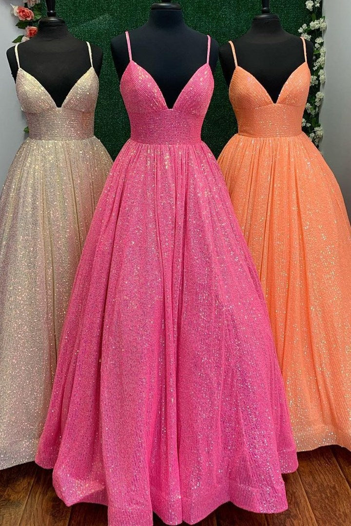 Vestido de fiesta largo con lentejuelas azul claro y escote en V para noche