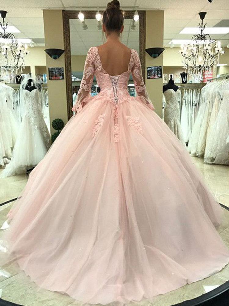 Vestido de fiesta rosa con escote en V, manga larga, apliques y cordones para quinceañera.