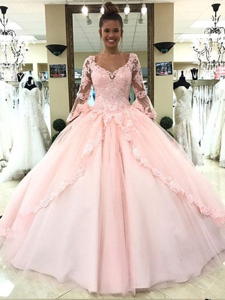Vestido de fiesta rosa con escote en V, manga larga, apliques y cordones para quinceañera.