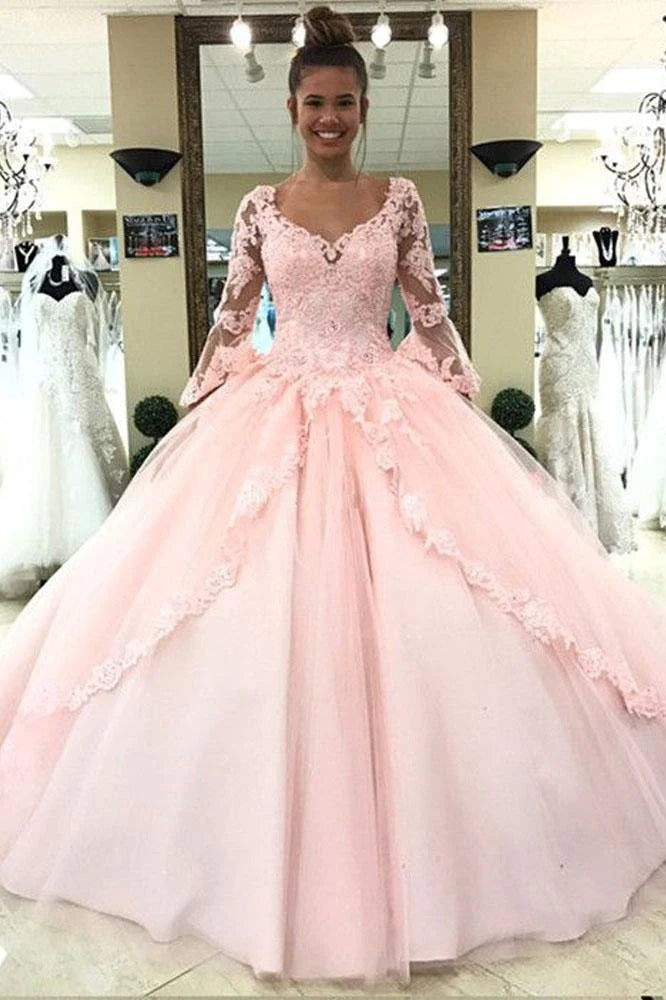 Vestido de fiesta rosa con escote en V, manga larga, apliques y cordones para quinceañera.