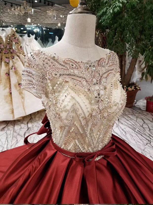 Ball Gown Scoop Burgundy Short Sleeves Beads Lace up Quinceanera Dresses