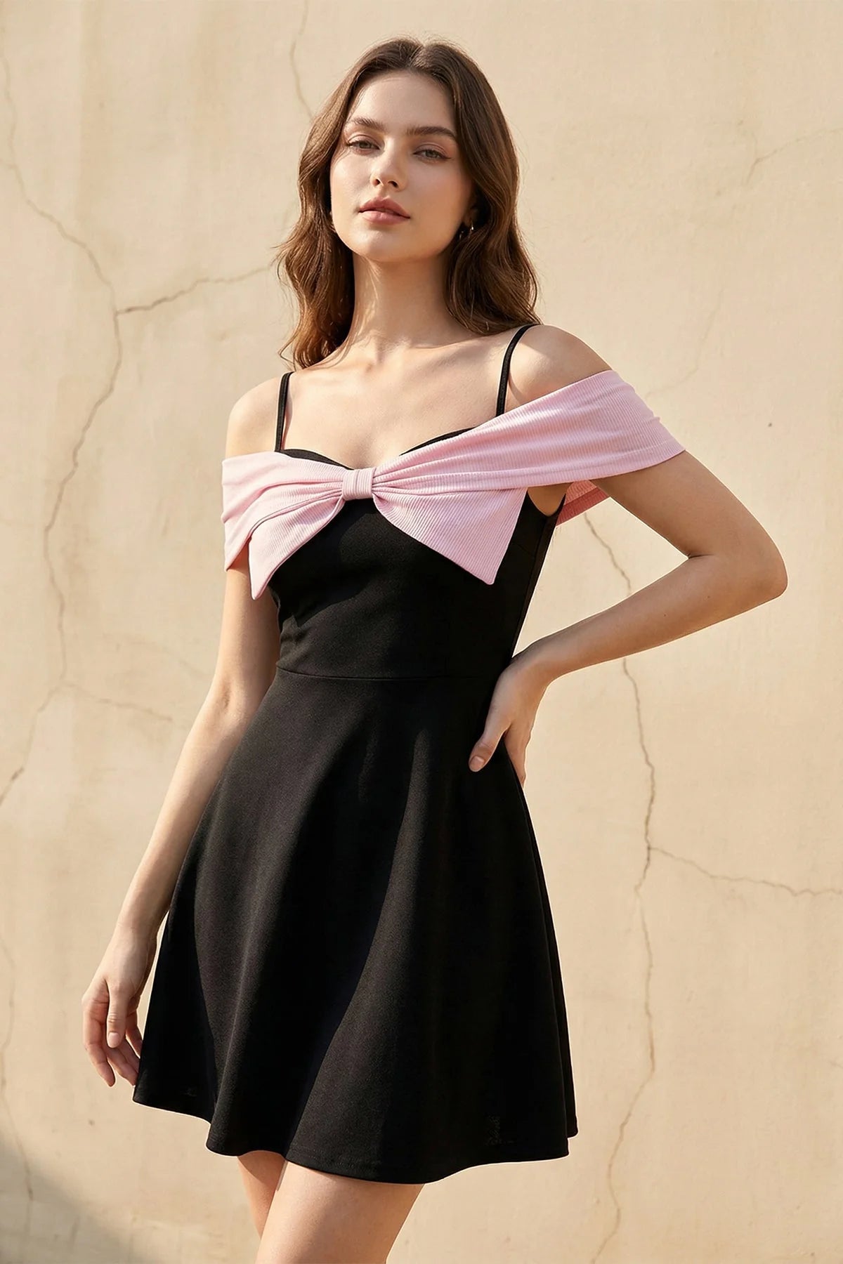 Black And Pink Off The Shoulder Bow Detail Spaghetti Strap A Line Mini Homecoming Dress