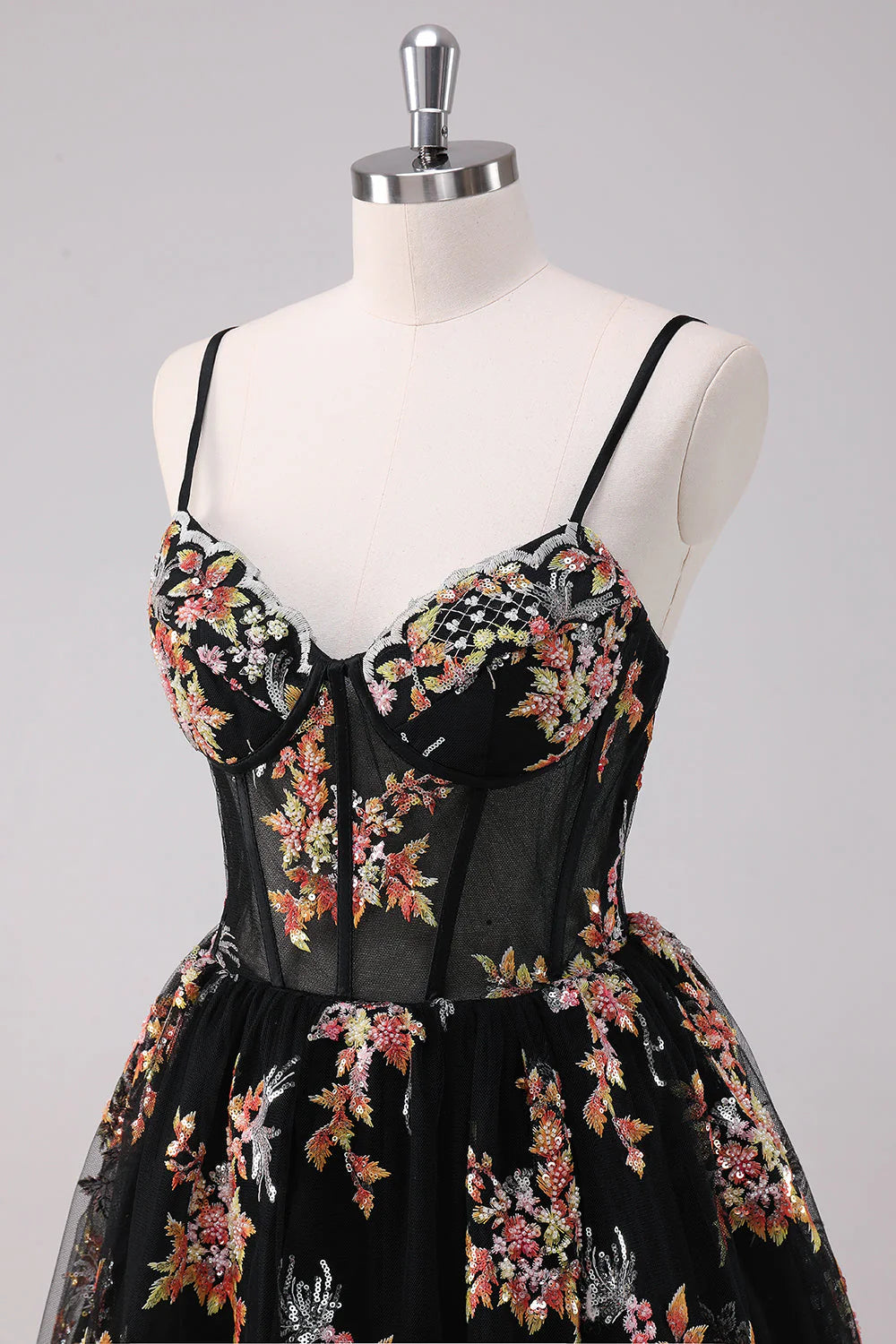 Black Floral Embroidered Corset Homecoming Dress with Spaghetti Straps, Sweetheart Neck, and Lace-Up Back