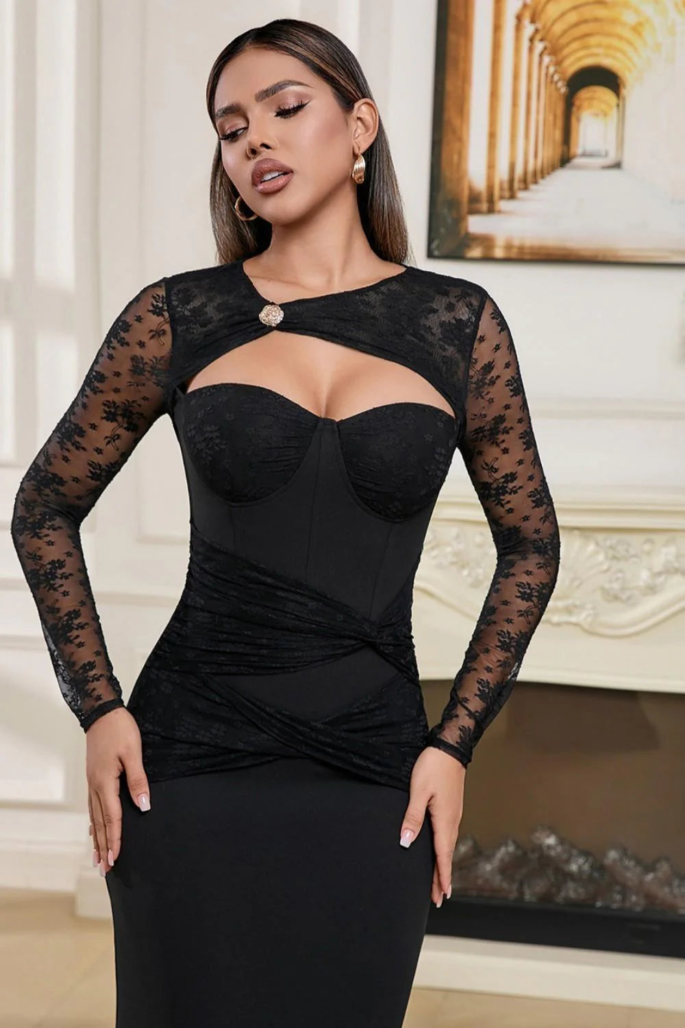 Black Long Sleeve Lace Cutout Corset Mermaid Evening Prom Dress