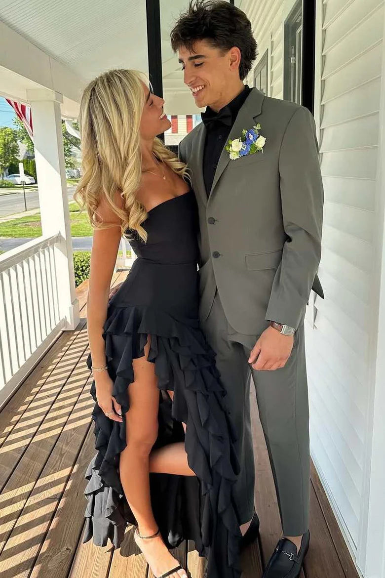 Amzcw Black Strapless Sleeveless Ruffles High Slit Formal Prom Party Dress formal wear dresses