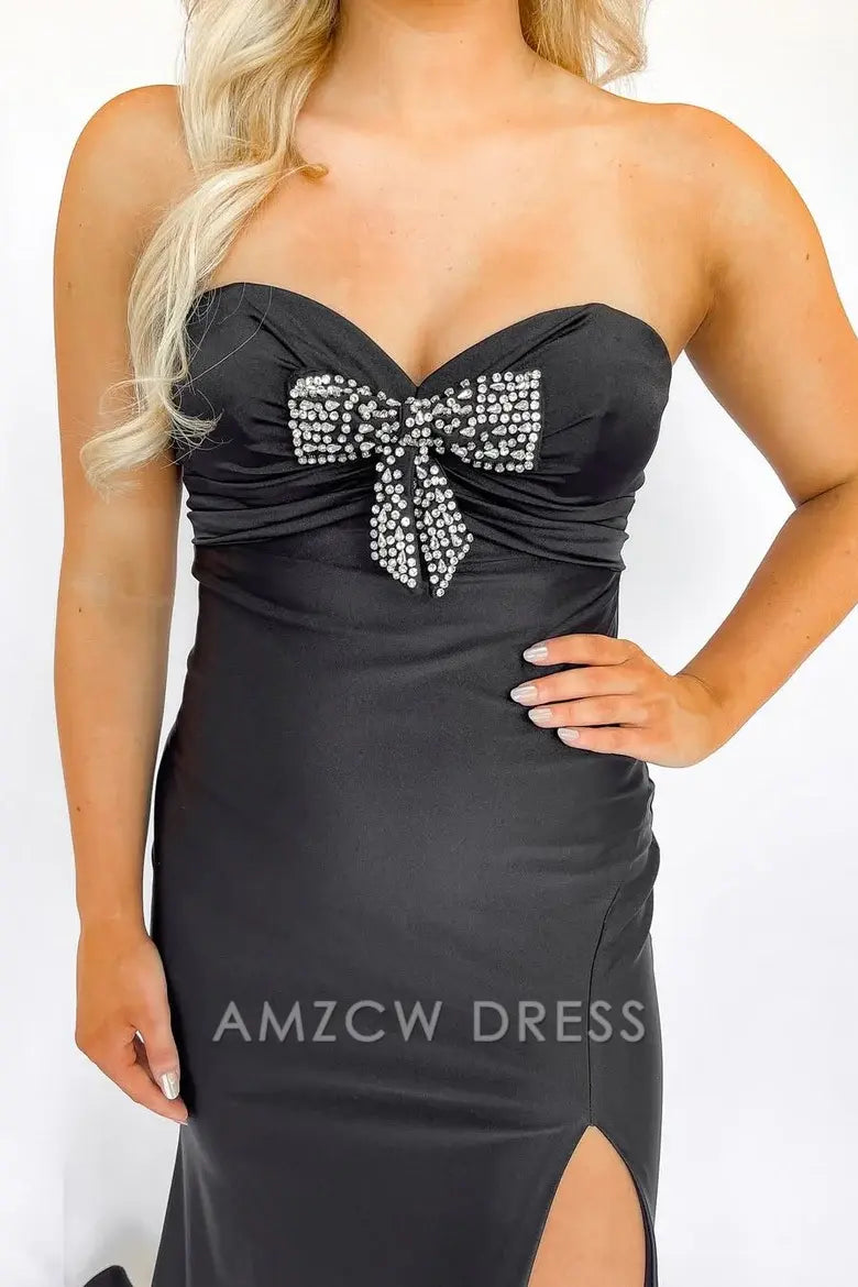 Vestido de fiesta de sirena plisado con escote corazón, sin tirantes y lazo, color negro, de Amzcw